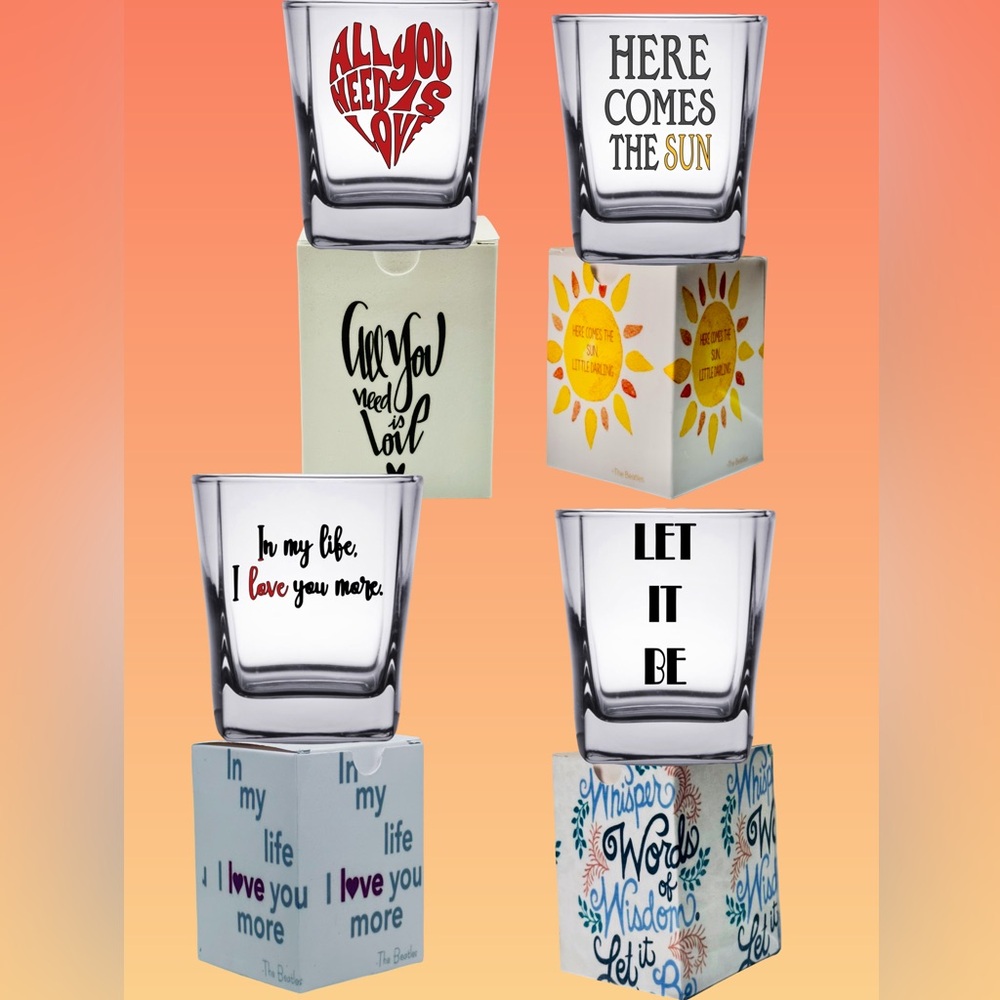 The Beatles Lyrics Shot Glasses/ Matching Gift Boxes, Set of 4!
